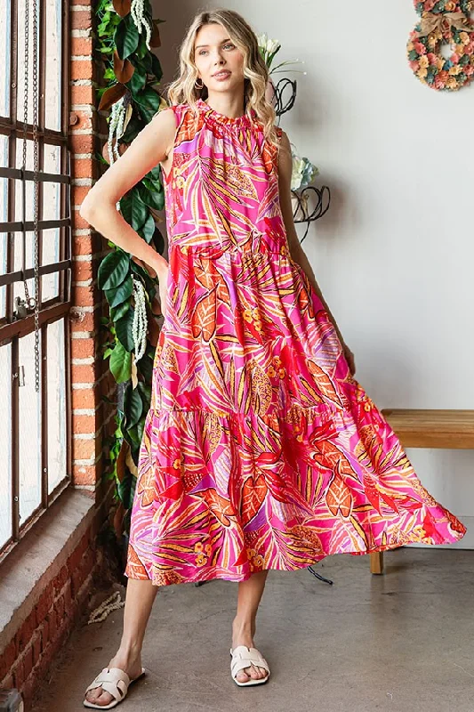 Final Sale backless dressFuchsia Floral Ruffle Mock Neck Tiered Midi Dress