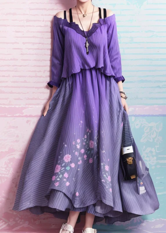 wrap dressUnique Gradient Purple Cold Shoulder Print Silk Dress Summer