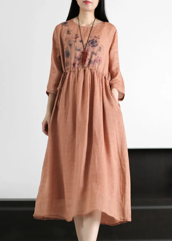 Super Bargain layered dressWomen Red O-Neck drawstring Print Linen Dresses Long sleeve Super Bargain layered dressWomen Red O-Neck drawstring Print Linen Dresses Long sleeve