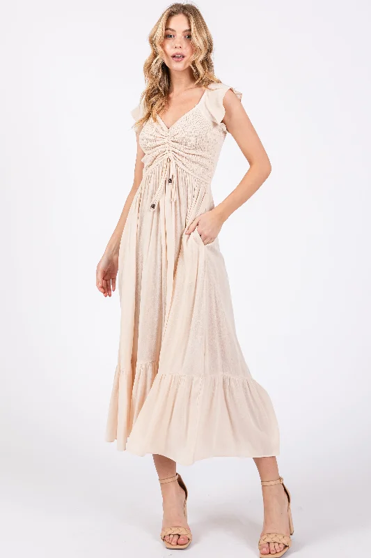 Today’s Deal lace-up dressBeige Smocked Ruched Ruffle Hem Maxi Dress
