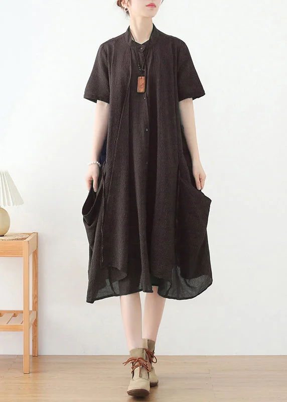 Huge Savings casual summer dressChocolate Original Design Pockets Linen Shirt Dress Short Sleeve