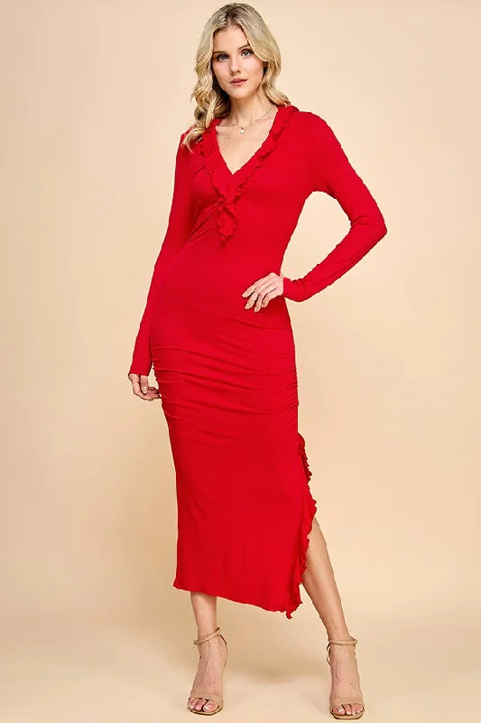 New Deals high-waisted dressRed Ruffle Ruched Long Sleeve Maxi Dress