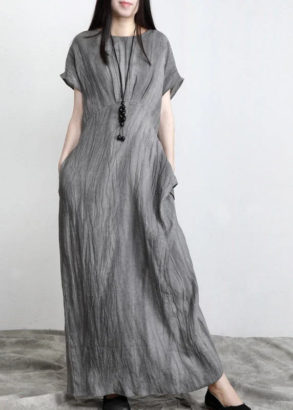 TIME-Limited Offer party-ready dressBoho Grey O-Neck Pockets wrinkled Tie Waist Linen Long Dresses Short Sleeve TIME-Limited Offer party-ready dressBoho Grey O-Neck Pockets wrinkled Tie Waist Linen Long Dresses Short Sleeve