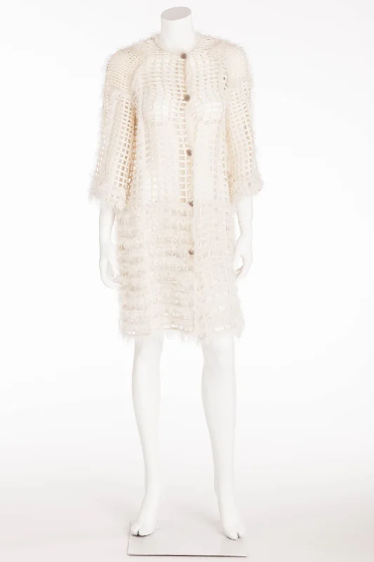 classic jacketFendi - White 3/4 Sleeve Cage Jacket with Fur -