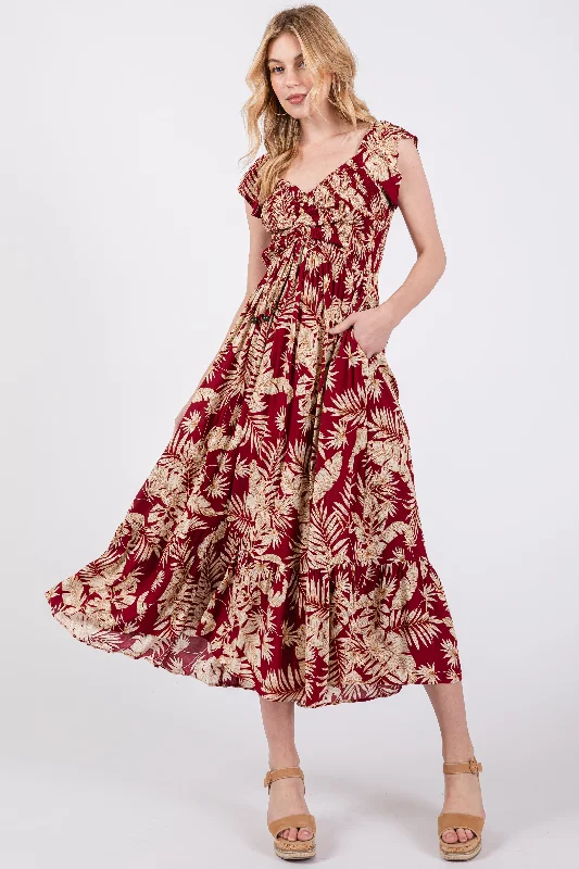 Warehouse Sale v-neck dressBurgundy Tropical Print Smocked Short Sleeve Maxi Dress