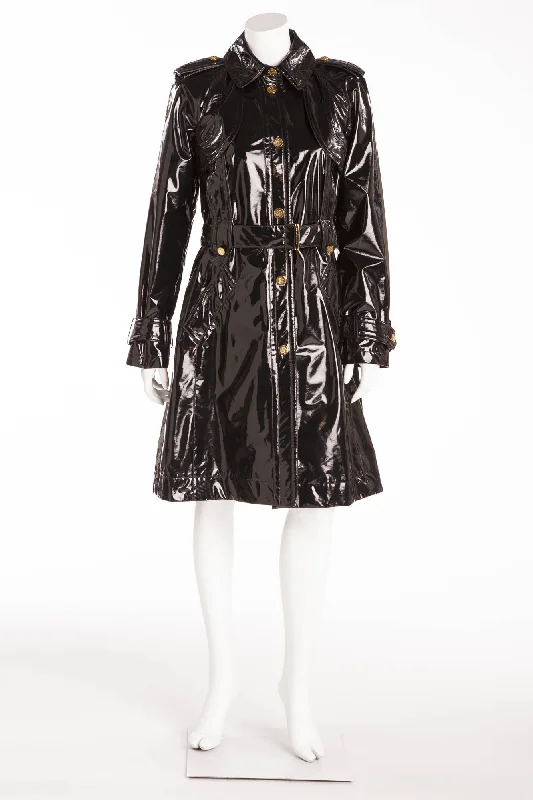 long-sleeve winter jacketRoberto Cavalli - Black Patent Long Sleeve Coat with Tie Waist - IT 42