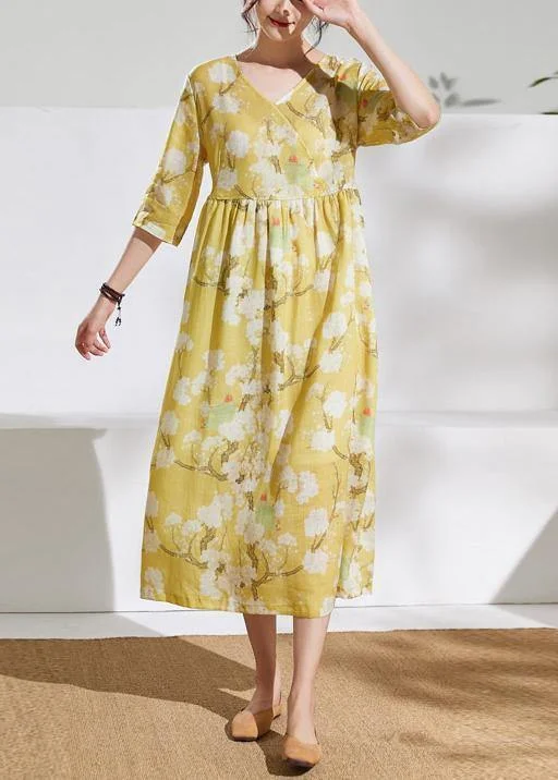 Value Deals sleek dressWomen v neck tie waist linen summer dresses Outfits yellow print Dresses