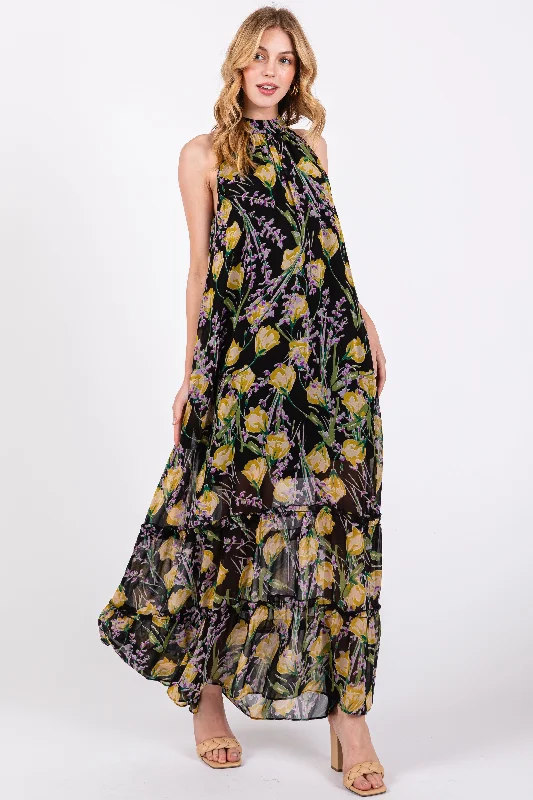 Year-End Sale chic slip dressBlack Floral Halter Maxi Dress