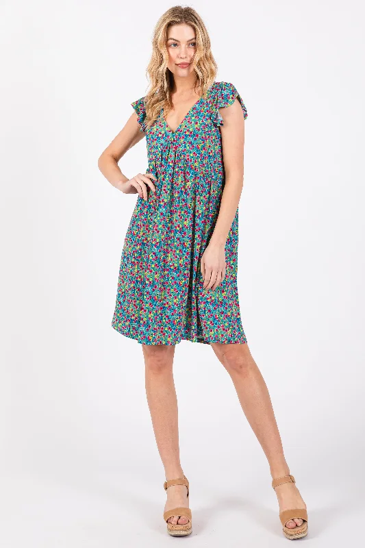 Best Seller bodycon dressTeal Floral V-Neck Dress