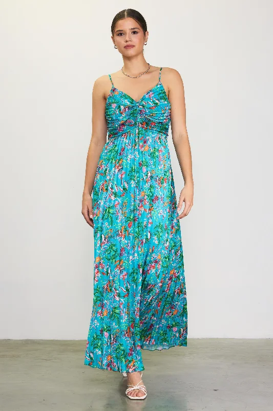 Special Discount casual summer dressTeal Floral Pleated Ruched Front Midi Dress