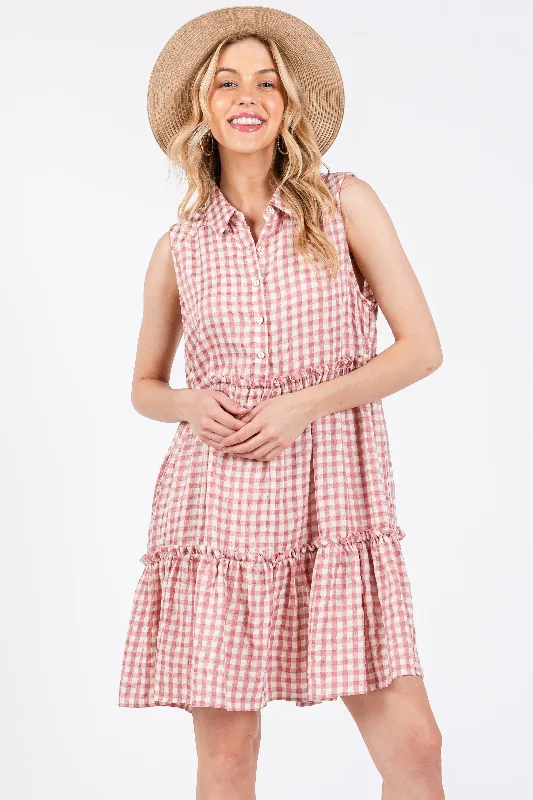 Sale Event mini dressPink Gingham Button Front Collared Dress