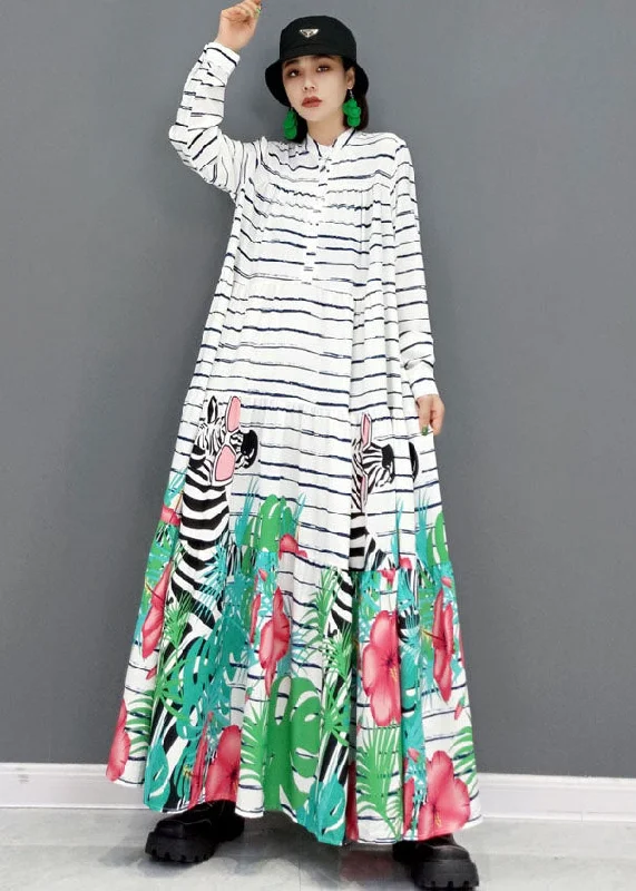 Doorbuster Deal ruched dressWomen White Stand Collar Striped Print Cotton Party Long Dress Long Sleeve