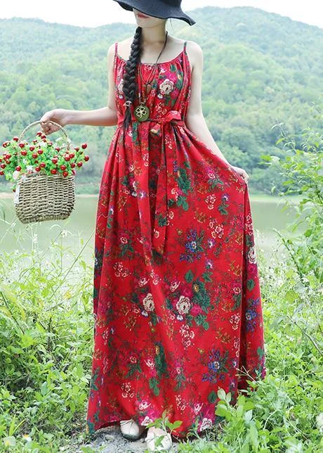 Extra Discounts lace-up dressWomen red floral cotton linen Tunics Organic Tutorials sleeveless daily summer Dress