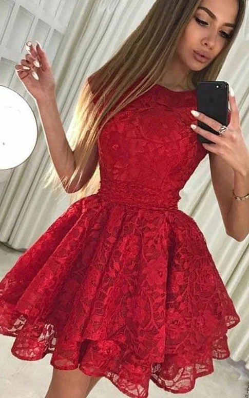 evening dressLace A Line Zipper Cap Short Sleeve with Bows and Tiers Cocktail Homecoming Dress-334198