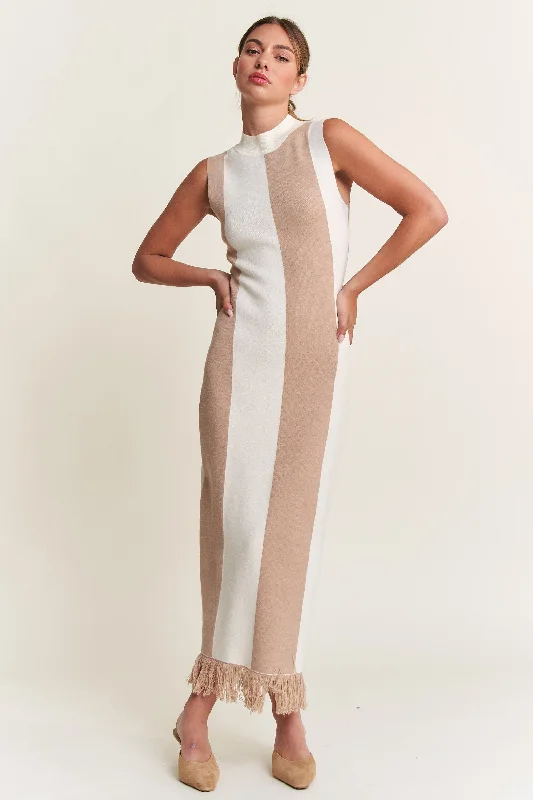Closeout shift dressIvory Striped Knit Fringe Hem Maxi Dress