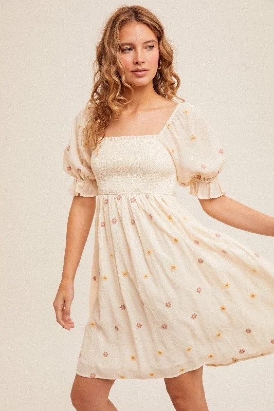 Massive Deals trendy wrap dressCream Floral Embroidered Smocked Dress