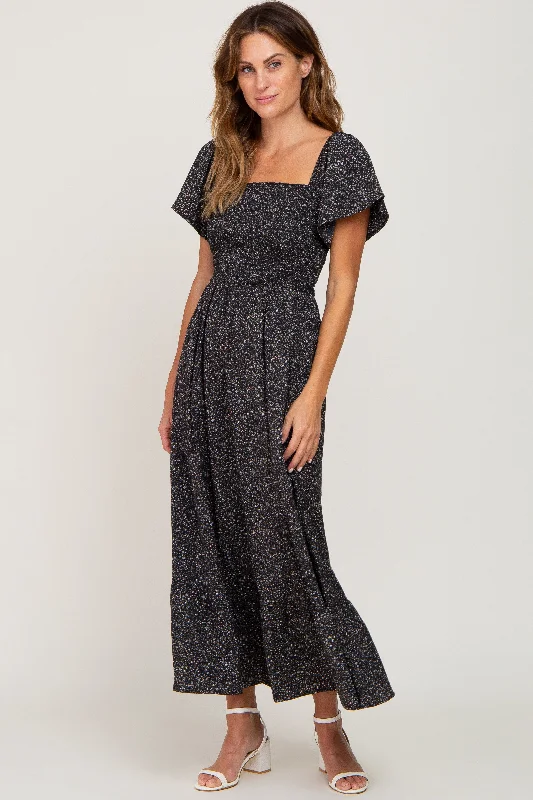 Members Only silk dressBlack Floral Smocked Maxi Dress