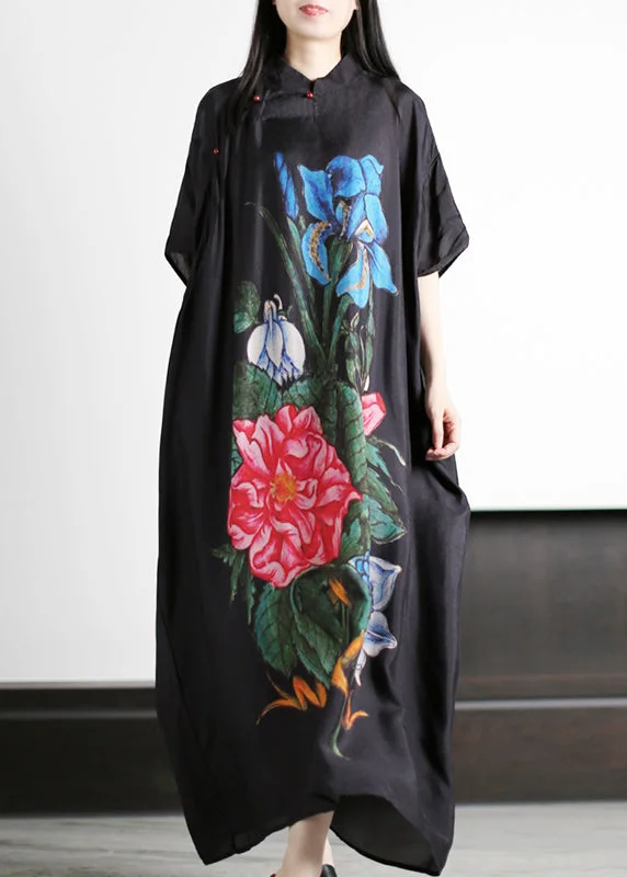 Discount Mania floral midi dressVintage Black Stand Collar Asymmetrical Blue Print Silk Loose Dress Batwing Sleeve