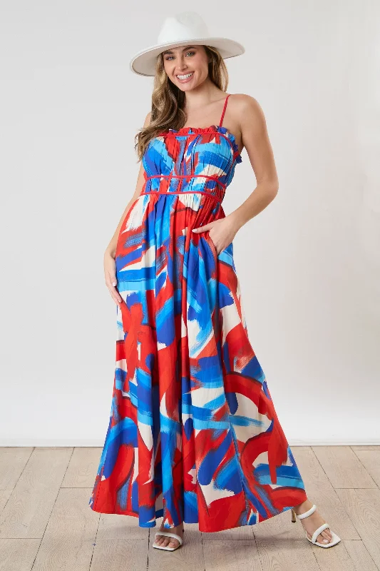 Must-Have Deals floral wrap dressRed Pleated Binding Brushed Print Maxi Dress