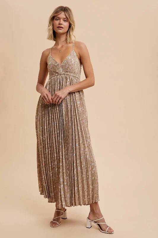 Must-Have Deals elegant shift dressMocha Floral Pleated Back Cutout Maxi Dress