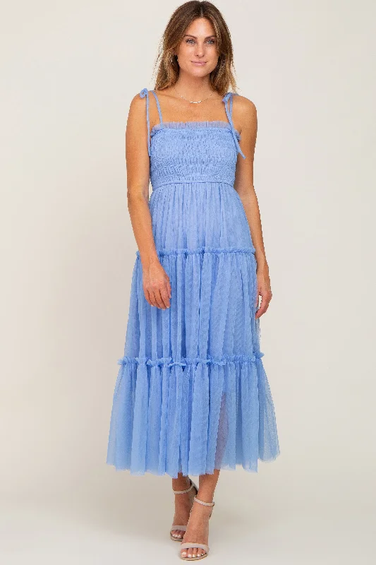 Referral Discount romantic dressLight Blue Smocked Mesh Midi Dress