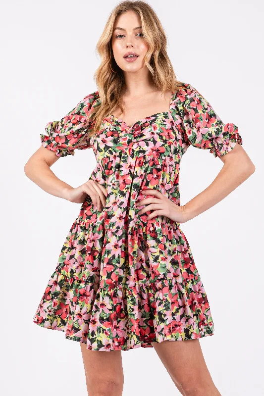 Best Deals trendy mini dressRed Multi-Color Floral Puff Sleeve Ruffle Hem Dress