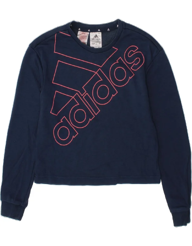 Act Fast ADIDAS Girls Crop Graphic Sweatshirt Jumper 11-12 Years Navy Blue Cotton