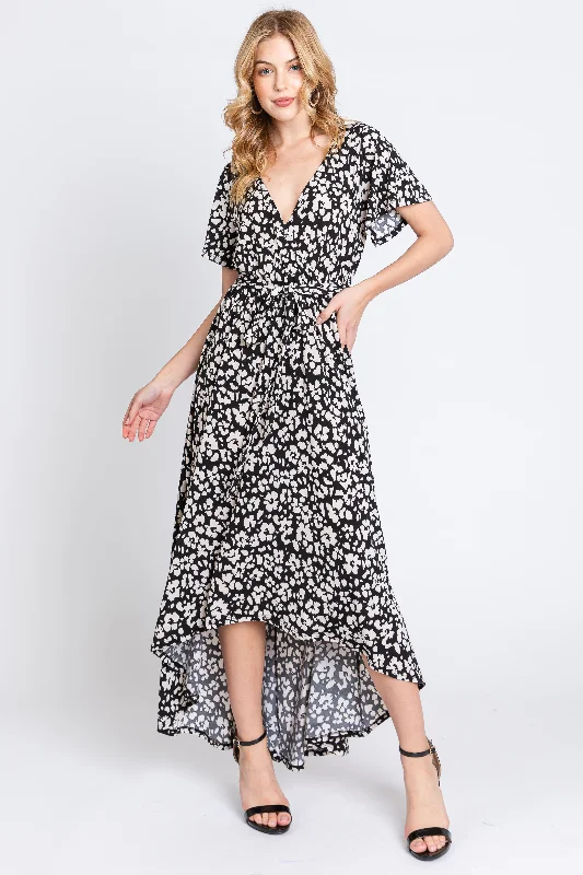 Deal Frenzy shift dressBlack Animal Print Wrap Front V-Neck Hi-Low Midi Dress