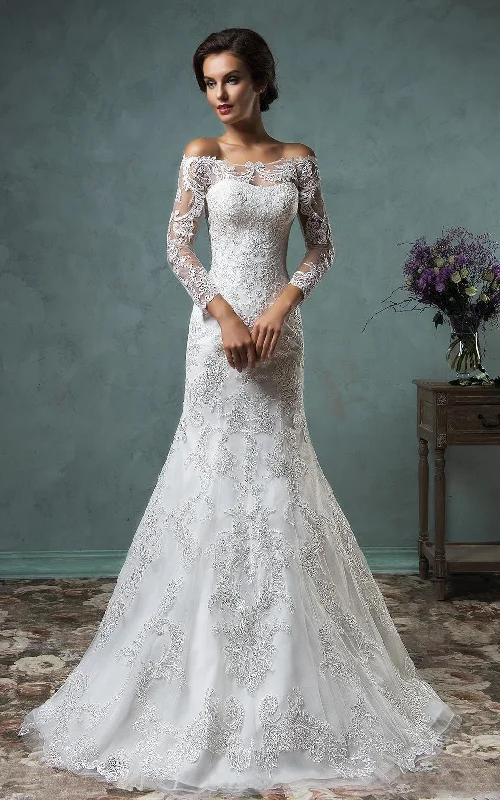 high-waisted dressA-Line Mini Off-The-Shoulder Long Sleeve Bell Beading Appliques Button Lace Sequins Dress-713576