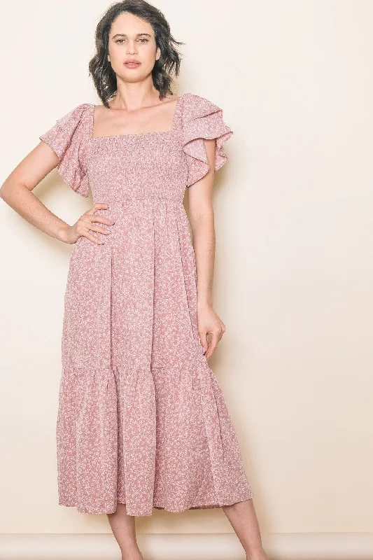 Act Fast puff sleeve dressMauve Floral Flutter Sleeve Tiered Dress