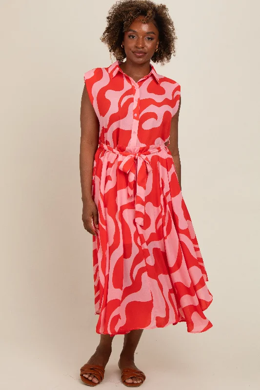 Must-Have Deals printed dressRed Abstract Print Collared Belted Dress