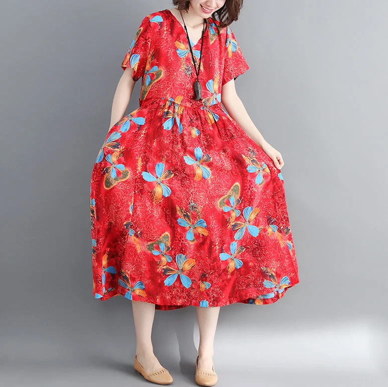 Huge Discounts casual midi dresswomen red long cotton linen dress casual print Cinched long cotton dresses Fine drawstring v neck cotton linen clothing dress