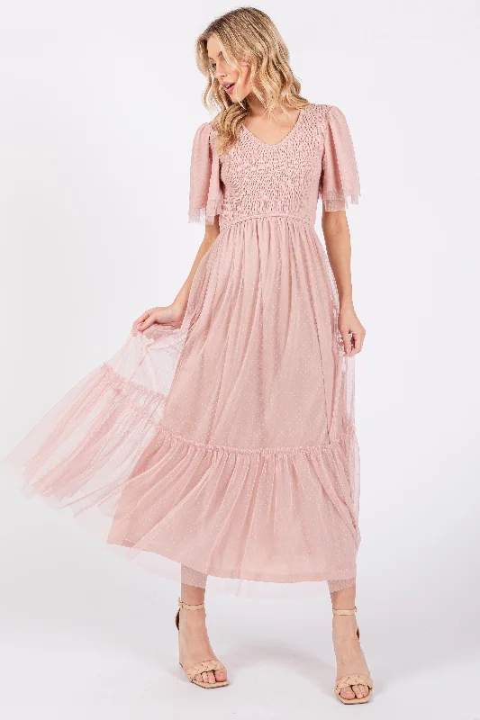Stock Clearance spaghetti strap dressLight Pink Mesh Smocked Midi Dress