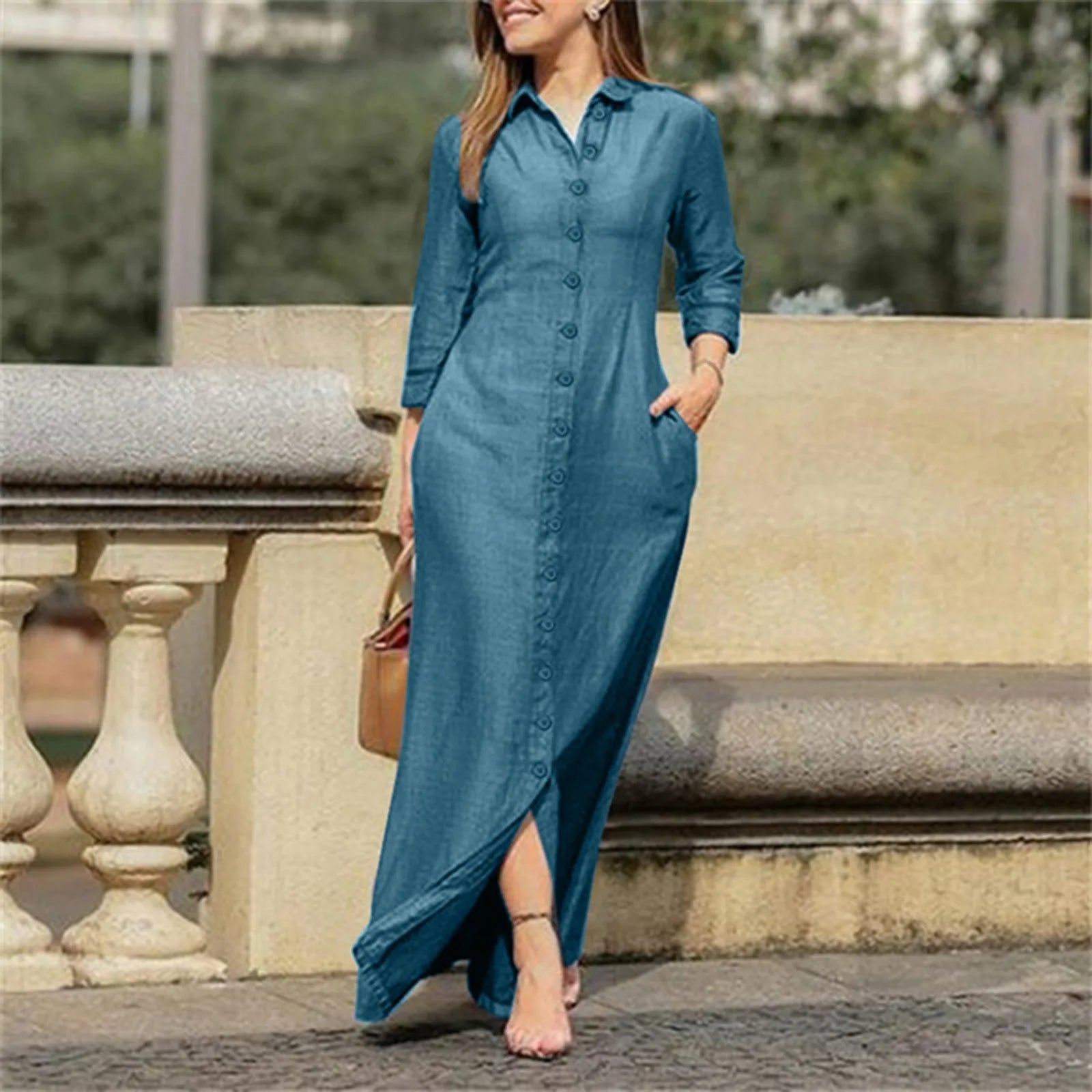 high-waisted dressJuliaFashion - Ladies Denim Solid Color 2024 Summer New Shirt Collar Button Long Denim Mom Skirt Women Elegant Casual Wear Dress