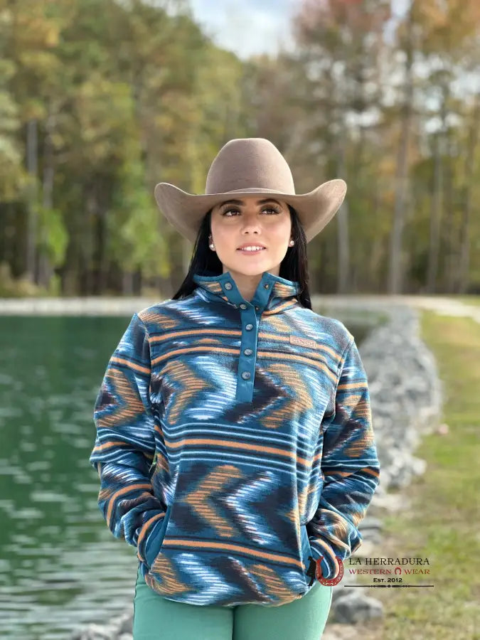 Limited Time Cinch Womens Pullover Blue w/White & Brown Aztec Pattern