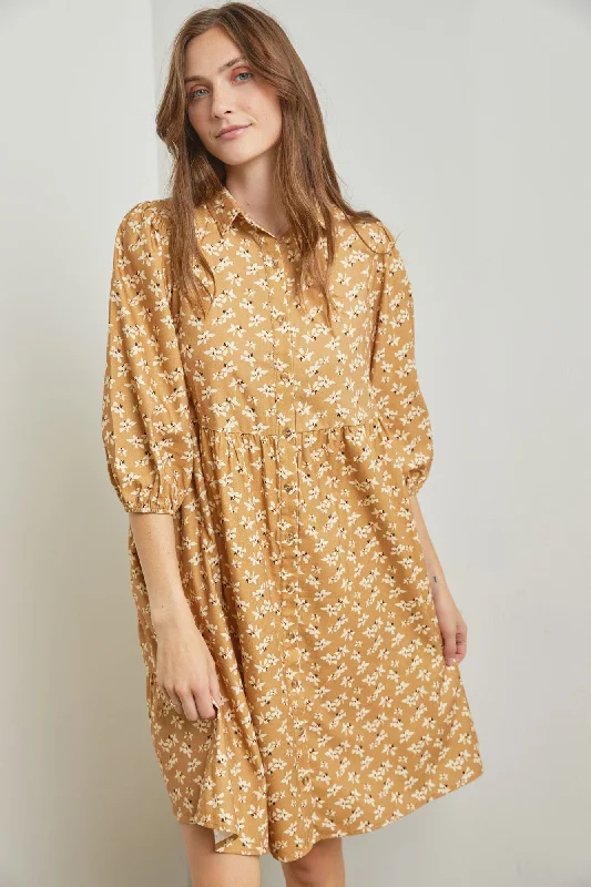Buy Now winter dressCamel Floral Button Front 3/4 Sleeve Dress