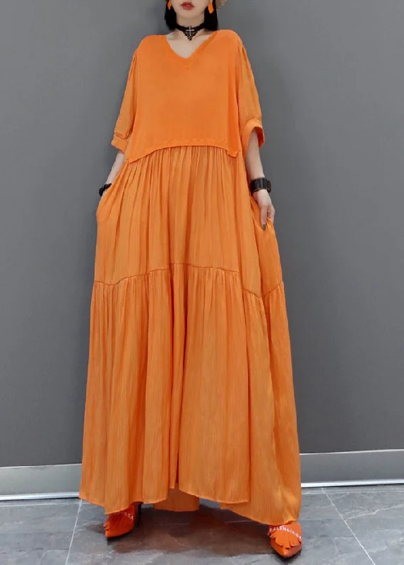 bohemian dressItalian Orange V Neck Patchwork Holiday Maxi Dress Summer