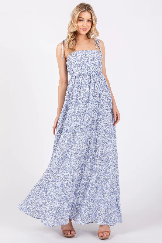 Year-End Clearance chic wrap dressBlue Leaf Print Shoulder Strap Maxi Dress