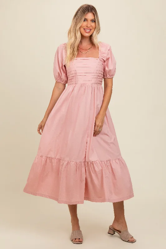 Hot Deal cocktail dressLight Pink Pleated Bodice Puff Sleeve Midi Dress