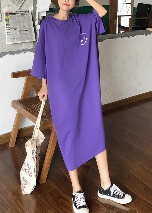 Mega Sale evening dressWomen o neck cotton clothes pattern purple Maxi Dress summer