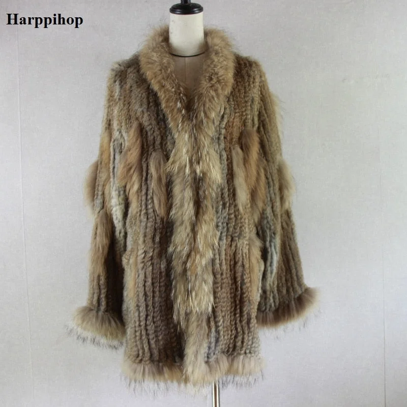 insulated trench coat2018 Spain Russia USA Canada popular Women knitted real genuine real rabbit fur coat overcoat jackets garment  raccoon collar