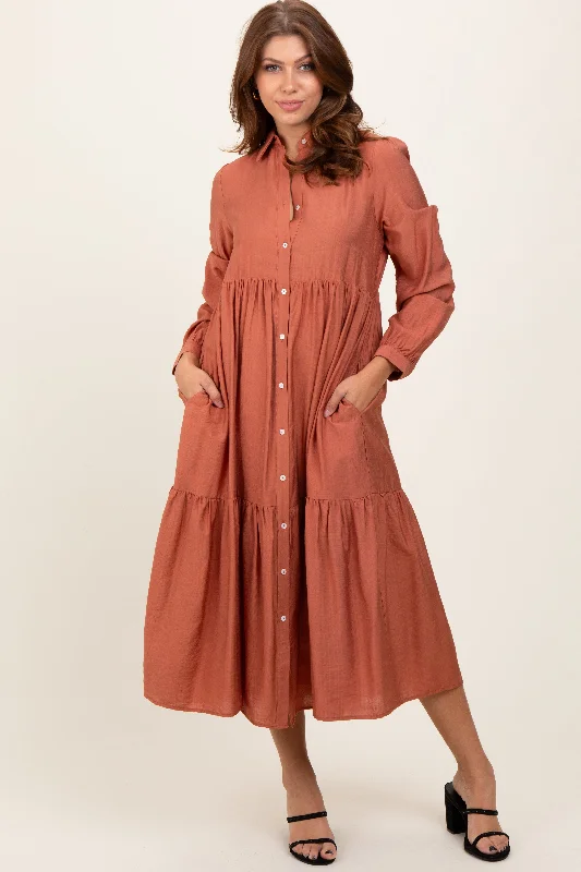 Price Cut casual evening dressRust Button Down Long Sleeve Midi Shirt Dress