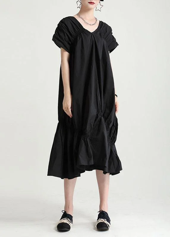 Instant Discount wrap-around dressNatural Black Cotton V Neck Asymmetrical Design Summer Vacation Dress Short Sleeve