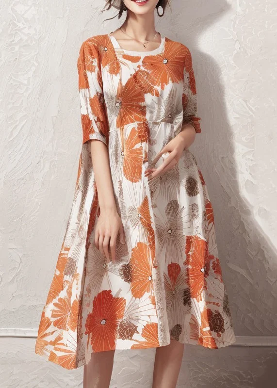 chic slip dressPlus Size Orange Print High Waist Cotton Dresses Half Sleeve