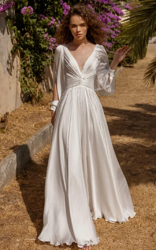 sleeveless dressSimple Casual A-Line Petal Long Sleeve Wedding Dress Flowy Unique V-Neck Criss Cross Ruched Bridal Gown