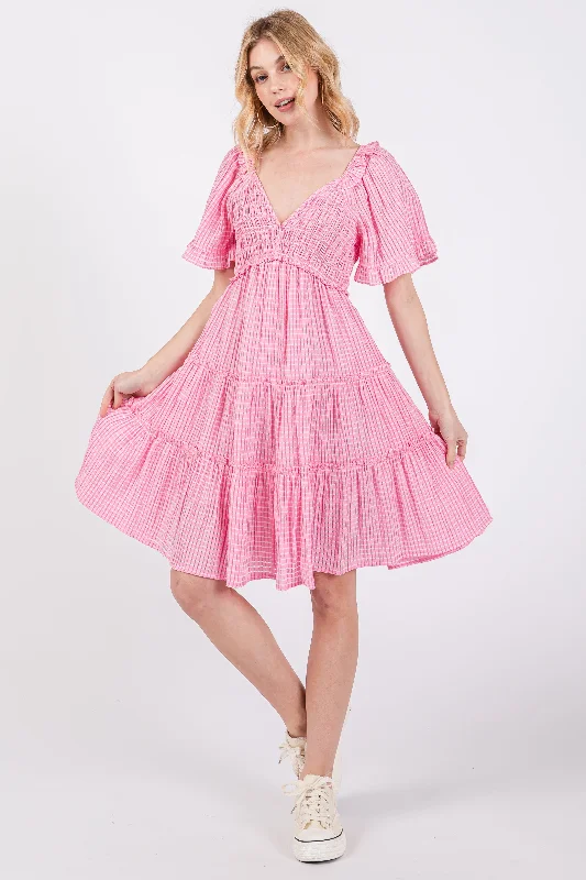 New Deals A-line dressPink Smocked V-Neck Ruffle Short Sleeve Tiered Dress