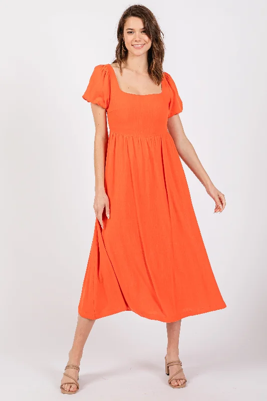 Limited Availability sleek midi dressCoral Puff Sleeve Linen Midi Dress