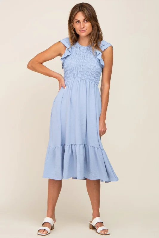 Great Deals printed dressLight Blue Smocked Layered Ruffle Flutter Sleeve Midi Dress Great Deals printed dressLight Blue Smocked Layered Ruffle Flutter Sleeve Midi Dress