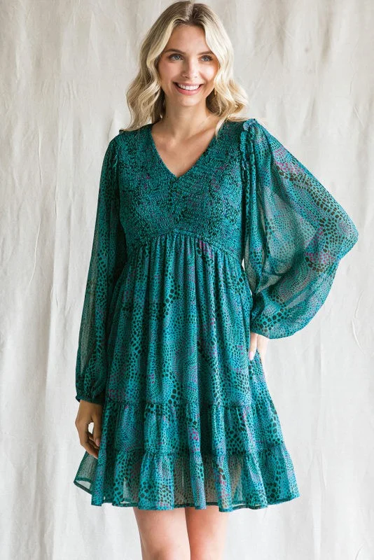 Flash Deals pleated dressTeal Printed Smocked Long Sleeve Dress