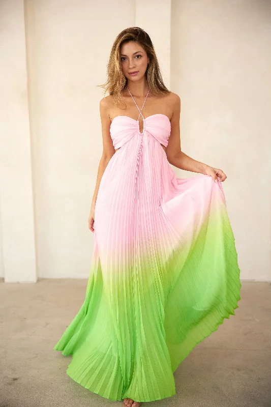 Sale Event elegant shift dressLight Pink Ombre Pleated Halter Cutout Maxi Dress